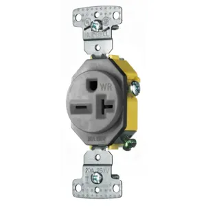 HUBBELL WIRING DEVICE-KELLEMS RR205GYWR Single Receptacle, Weather Resistant, 20A 250V, 2-Pole, 3-Wire Grounding, Gray | BC8FBC