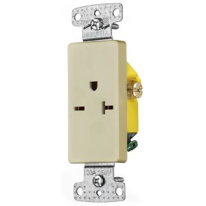 HUBBELL WIRING DEVICE-KELLEMS RRD205I Single Decorator Receptacle, Self Grounding, 20A, 250V, 2-Pole, Ivory | BD2CCG