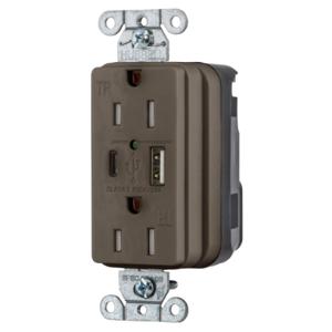 HUBBELL WIRING DEVICE-KELLEMS SNAP15UAC Usb Charger Receptacle, 1 Usb Type A And 1 Type-C Port, 3.0 A, 5 Volt Dc, Brown | CE6QAF