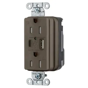 HUBBELL WIRING DEVICE-KELLEMS SNAP15UAC Usb Charger Receptacle, 1 Usb Type A And 1 Type-C Port, 3.0 A, 5 Volt Dc, Brown | CE6QAF