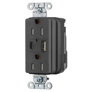 HUBBELL WIRING DEVICE-KELLEMS SNAP15UACBK Usb Charger Receptacle, 1 Usb Type A And 1 Type-C Port, 3.0 A, 5 Volt Dc, Black | CE6QAG