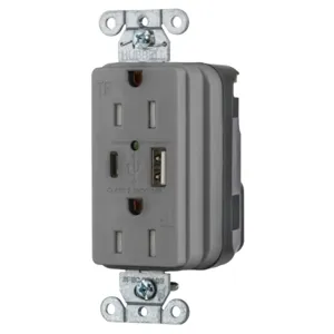 HUBBELL WIRING DEVICE-KELLEMS SNAP15UACGY Usb Charger Receptacle, 1 Usb Type A And 1 Type-C Port, 3.0 A, 5 Volt Dc, Gray | CE6QAH