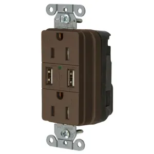 HUBBELL WIRING DEVICE-KELLEMS SNAP15USB Straight Receptacle, Two Usb Type 20 Port 3 Amp 5V, 15A 125VAC, Brown | BD4EVN