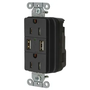 HUBBELL WIRING DEVICE-KELLEMS SNAP15USBBK Straight Receptacle, Two Usb Type 20 Port 3 Amp 5V, 15A 125VAC, Black | BD3QRF