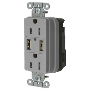 HUBBELL WIRING DEVICE-KELLEMS SNAP15USBGY Straight Receptacle, Two Usb Type 20 Port 3 Amp 5V, 15A 125VAC, Gray | BD4GAK