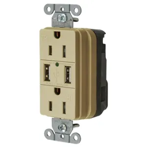 HUBBELL WIRING DEVICE-KELLEMS SNAP15USBI Straight Receptacle, Two Usb Type 20 Port 3 Amp 5V, 15A 125VAC, Ivory | BD3YFK