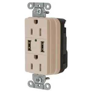 HUBBELL WIRING DEVICE-KELLEMS SNAP15USBLA Straight Receptacle, Two Usb Type 20 Port 3 Amp 5VDC, 15A 125VAC, Light Almond | BD4NNR