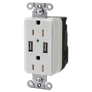 HUBBELL WIRING DEVICE-KELLEMS SNAP15USBW Straight Receptacle, Two Usb Type 20 Port 3 Amp 5V, 15A 125VAC, White | BD4AFH