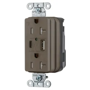 HUBBELL WIRING DEVICE-KELLEMS SNAP20UAC Usb Charger Receptacle, 1 Usb Type A And 1 Type-C Port, 3.0 A, 5 Volt Dc, Brown | CE6QAM