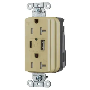 HUBBELL WIRING DEVICE-KELLEMS SNAP20UACI Usb Charger Receptacle, 1 Usb Type A And 1 Type-C Port, 3.0 A, 5 Volt Dc, Ivory | CE6QAQ