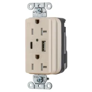 HUBBELL WIRING DEVICE-KELLEMS SNAP20UACLA Usb Charger Receptacle, 1 Usb Type A And 1 Type-C Port, 3.0 A, 5 Volt Dc, La | CE6QAR