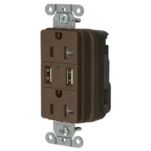 HUBBELL WIRING DEVICE-KELLEMS SNAP20USB Straight Receptacle, Two Usb Type 20 Port 3 Amp 5V, 20A 125VAC, Brown | BD3TBG