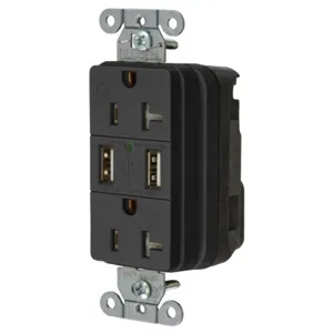 HUBBELL WIRING DEVICE-KELLEMS SNAP20USBBK Straight Receptacle, Two Usb Type 20 Port 3 Amp 5V, 20A 125VAC, Black | BD4NAY