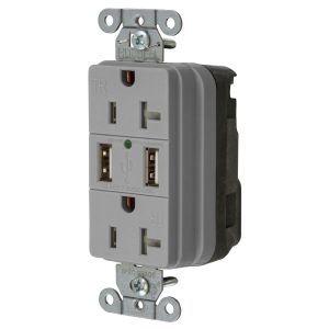 HUBBELL WIRING DEVICE-KELLEMS SNAP20USBGY Straight Receptacle, Two Usb Type 20 Port 3 Amp 5V, 20A 125VAC, Gray | BD4DKZ