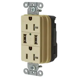 HUBBELL WIRING DEVICE-KELLEMS SNAP20USBI Straight Receptacle, Two Usb Type 20 Port 3 Amp 5V, 20A 125VAC, Ivory | BD3XFZ