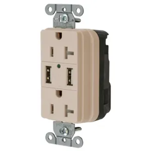 HUBBELL WIRING DEVICE-KELLEMS SNAP20USBLA Straight Receptacle, Two Usb Type 20 Port 3 Amp 5VDC, 20A 125VAC, Light Almond | BD4BHC