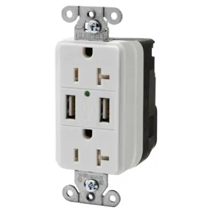 HUBBELL WIRING DEVICE-KELLEMS SNAP20USBW Straight Receptacle, Two Usb Type 20 Port 3 Amp 5V, 20A 125VAC, White | BD3WFJ