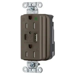 HUBBELL WIRING DEVICE-KELLEMS SNAP8200UAC Usb Charger Receptacle, Hospital Grade, 15A, 125V, A And C Charger Port, Brown | CE6QKX