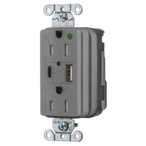 HUBBELL WIRING DEVICE-KELLEMS SNAP8200UACGY Usb Charger Receptacle, Hospital Grade, 15A, 125V, A And C Charger Port, Gray | CE6QKZ