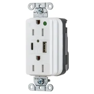 HUBBELL WIRING DEVICE-KELLEMS SNAP8200UACW Usb Charger Receptacle, Hospital Grade, 15A, 125V, A And C Charger Port, White | CE6QLD