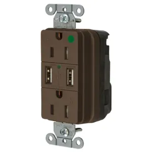 HUBBELL WIRING DEVICE-KELLEMS SNAP8200USB Straight Receptacle, Duplex, Two 3 Amp 5 Volt Usb Port, 15A 125VAC, Brown | BD4JND