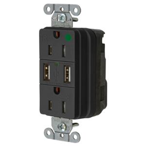 HUBBELL WIRING DEVICE-KELLEMS SNAP8200USBBK Straight Receptacle, Duplex, Two 3 Amp 5 Volt Usb Port, 15A 125VAC, Black | BD4AFR