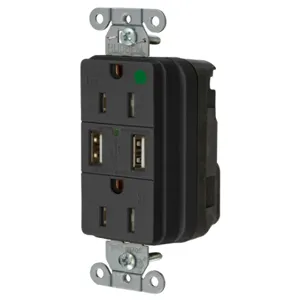 HUBBELL WIRING DEVICE-KELLEMS SNAP8200USBBK Straight Receptacle, Duplex, Two 3 Amp 5 Volt Usb Port, 15A 125VAC, Black | BD4AFR