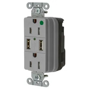 HUBBELL WIRING DEVICE-KELLEMS SNAP8200USBGY Straight Receptacle, Duplex, Two 3 Amp 5 Volt Usb Port, 15A 125VAC, Gray | BD4PBL