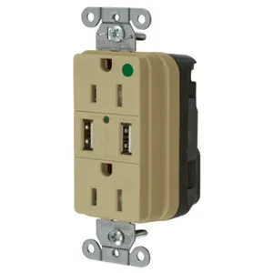 HUBBELL WIRING DEVICE-KELLEMS SNAP8200USBI Straight Receptacle, Duplex, Two 3 Amp 5 Volt Usb Port, 15A 125VAC, Ivory | BD3RFH