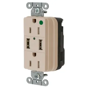 HUBBELL WIRING DEVICE-KELLEMS SNAP8200USBLA Straight Receptacle, Duplex, Two 3 Amp 5 Volt Usb Port, 15A 125VAC, Light Almond | BD4MMB