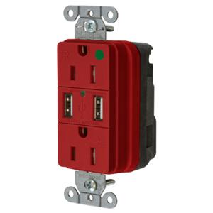 HUBBELL WIRING DEVICE-KELLEMS SNAP8200USBR Straight Receptacle, Duplex, Two 3 Amp 5 Volt Usb Port, 15A 125VAC, Red | BD4GDC
