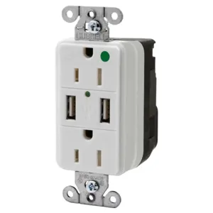 HUBBELL WIRING DEVICE-KELLEMS SNAP8200USBW Straight Receptacle, Duplex, Two 3 Amp 5 Volt Usb Port, 15A 125VAC, White | BD4LMJ