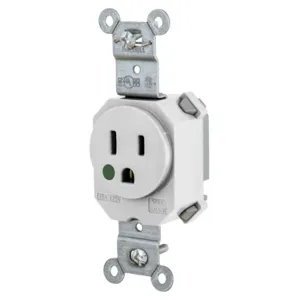 HUBBELL WIRING DEVICE-KELLEMS SNAP8210W Receptacle, Simplex, 15A, 125V, 2-Pole, 3-Wire Grounding, Nylon, White | BD4PBM