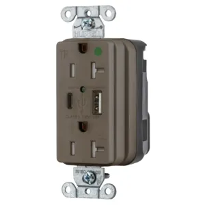 HUBBELL WIRING DEVICE-KELLEMS SNAP8300UAC Usb Charger Receptacle, 15A, 125V, 5-15R, 5A, C Charger Port, Brown | CE6QLE