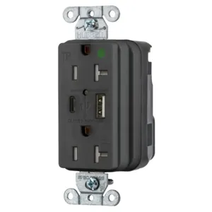 HUBBELL WIRING DEVICE-KELLEMS SNAP8300UACBK Usb Charger Receptacle, 15A, 125V, 5-15R, 5A, C Charger Port, Black | CE6QLF