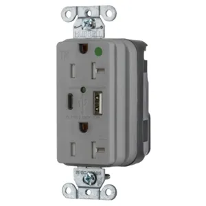 HUBBELL WIRING DEVICE-KELLEMS SNAP8300UACGY Usb Charger Receptacle, 20A 125V, 5-20R, 5A, A And C Charger Port, Gray | CE6QLG