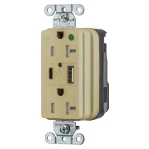 HUBBELL WIRING DEVICE-KELLEMS SNAP8300UACI Usb Charger Receptacle, 20A 125V, 5-20R, 5A, A And C Charger Port, Ivory | CE6QLH