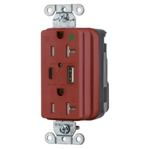 HUBBELL WIRING DEVICE-KELLEMS SNAP8300UACR Usb Charger Receptacle, 20A 125V, 5-20R, 5A, A And C Charger Port, Red | CE6QLK