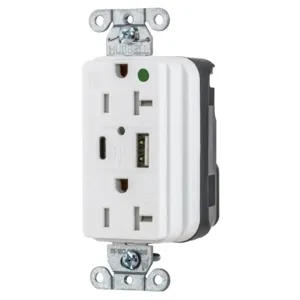 HUBBELL WIRING DEVICE-KELLEMS SNAP8300UACW Usb Charger Receptacle, 20A 125V, 5-20R, 5A, A And C Charger Port, White | CE6QLL