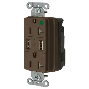 HUBBELL WIRING DEVICE-KELLEMS SNAP8300USB Straight Receptacle, Duplex, Two 3 Amp 5 Volt Usb Port, 20A 125VAC, Brown | BD4DMQ