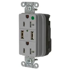 HUBBELL WIRING DEVICE-KELLEMS SNAP8300USBGY Straight Receptacle, Duplex, Two 3 Amp 5 Volt Usb Port, 20A 125VAC, Gray | BD3ZHC