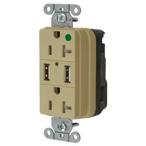 HUBBELL WIRING DEVICE-KELLEMS SNAP8300USBI Straight Receptacle, Duplex, Two 3 Amp 5 Volt Usb Port, 20A 125VAC, Ivory | BD4CHZ