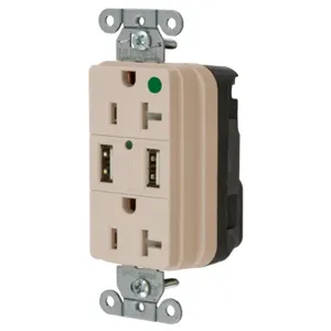 HUBBELL WIRING DEVICE-KELLEMS SNAP8300USBLA Straight Receptacle, Duplex, Two 3 Amp 5 Volt Usb Port, 20A 125VAC, Light Almond | BD3RFJ