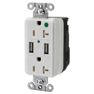 HUBBELL WIRING DEVICE-KELLEMS SNAP8300USBW Straight Receptacle, Duplex, Two 3 Amp 5 Volt Usb Port, 20A 125VAC, White | BD4LMN