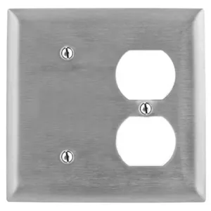 HUBBELL WIRING DEVICE-KELLEMS SS138 Wallplate, 2-Gang, 1 Blank, 1 Duplex Opening, Standard Size, Stainless Steel | AC8QHQ 3D436