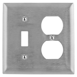 HUBBELL WIRING DEVICE-KELLEMS SS18 Wallplate, 2-Gang, 1 Toggle, 1 Duplex Openings, Standard Size, Stainless Steel | AC8QHR 3D437