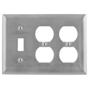 HUBBELL WIRING DEVICE-KELLEMS SS182 Wallplate, 3-Gang, 1 Toggle, 2 Duplex Openings, Standard Size, Stainless Steel | CE6RWC