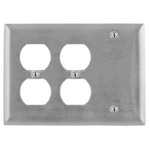 HUBBELL WIRING DEVICE-KELLEMS SS211 Wallplate, 3-Gang, 2 Duplex Openings, 1 Blank, Standard Size, Stainless Steel | BC9FZT