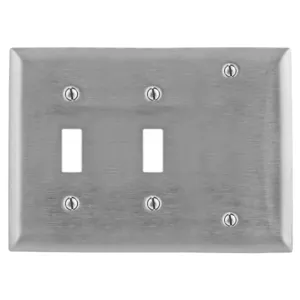 HUBBELL WIRING DEVICE-KELLEMS SS213 Wallplate, 3-Gang, 2 Toggle Openings, 1 Blank, Standard Size, Stainless Steel | BC7XRG