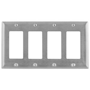 HUBBELL WIRING DEVICE-KELLEMS SS264 Wallplate, 4-Gang, 4 Gfci Openings, Standard Size, Stainless Steel | BD3HUX